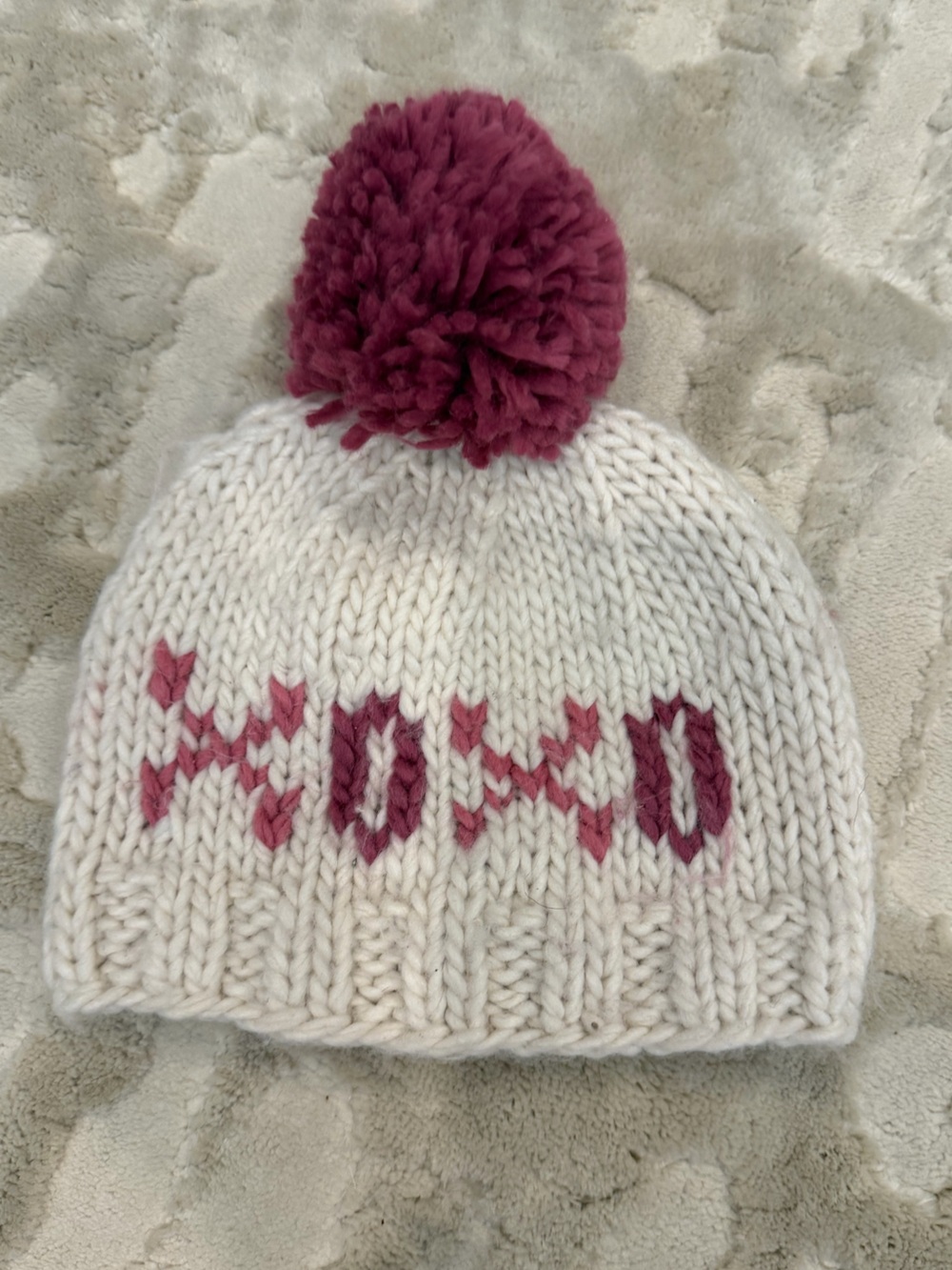 Cream Knit Pom Beanie with Rose Pink Pattern for Kids